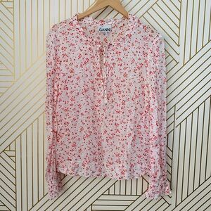 Ganni Floral Crepe Georgette Chiffon Ruffle Collar Blouse feminine size 36 Small